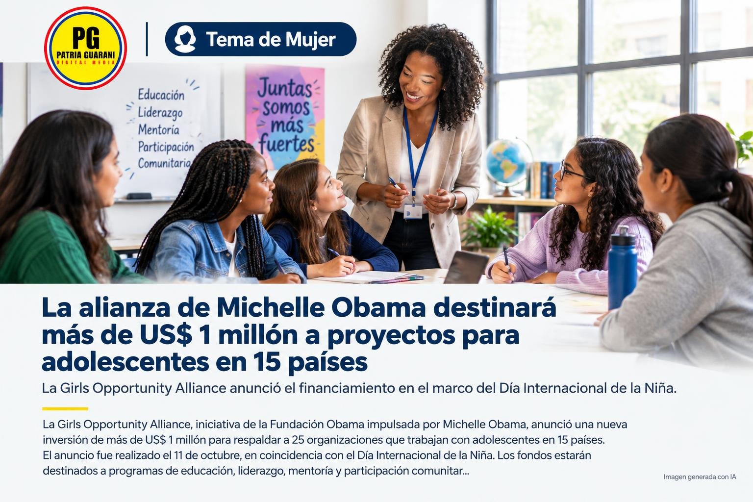 La alianza de Michelle Obama destinará más de US$ 1 millón a proyectos para adolescentes en 15 países