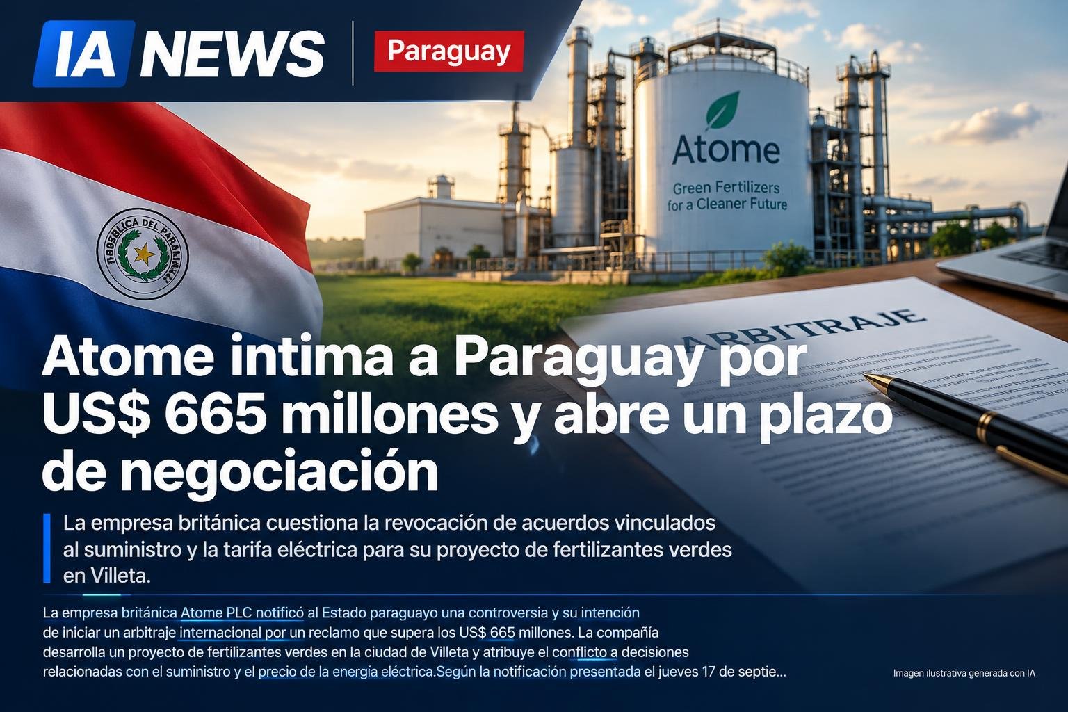 Atome intima a Paraguay por US$ 665 millones y abre un plazo de negociación