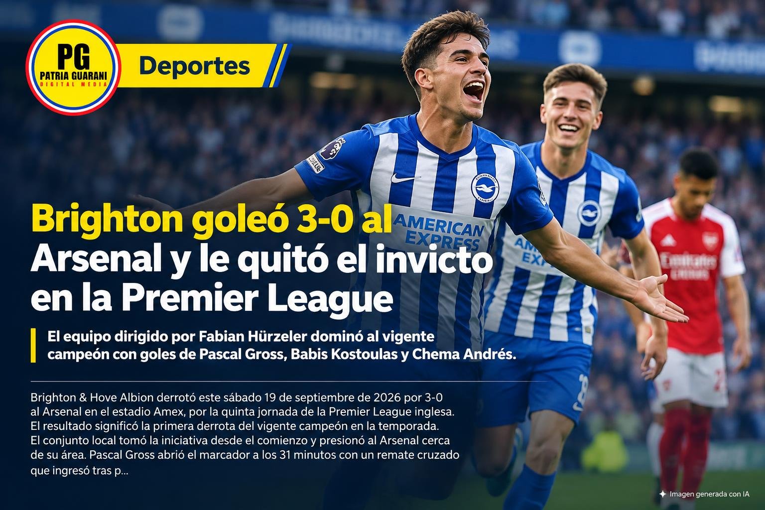Brighton goleó 3-0 al Arsenal y le quitó el invicto en la Premier League