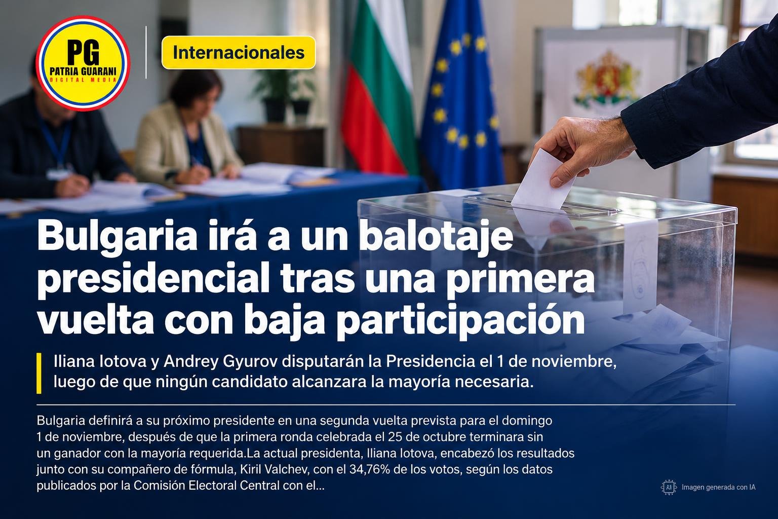 Bulgaria irá a un balotaje presidencial tras una primera vuelta con baja participación