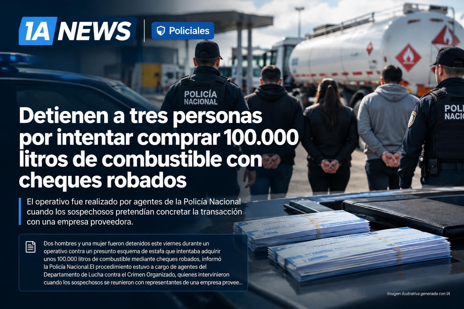 Detienen a tres personas por intentar comprar 100.000 litros de combustible con cheques robados