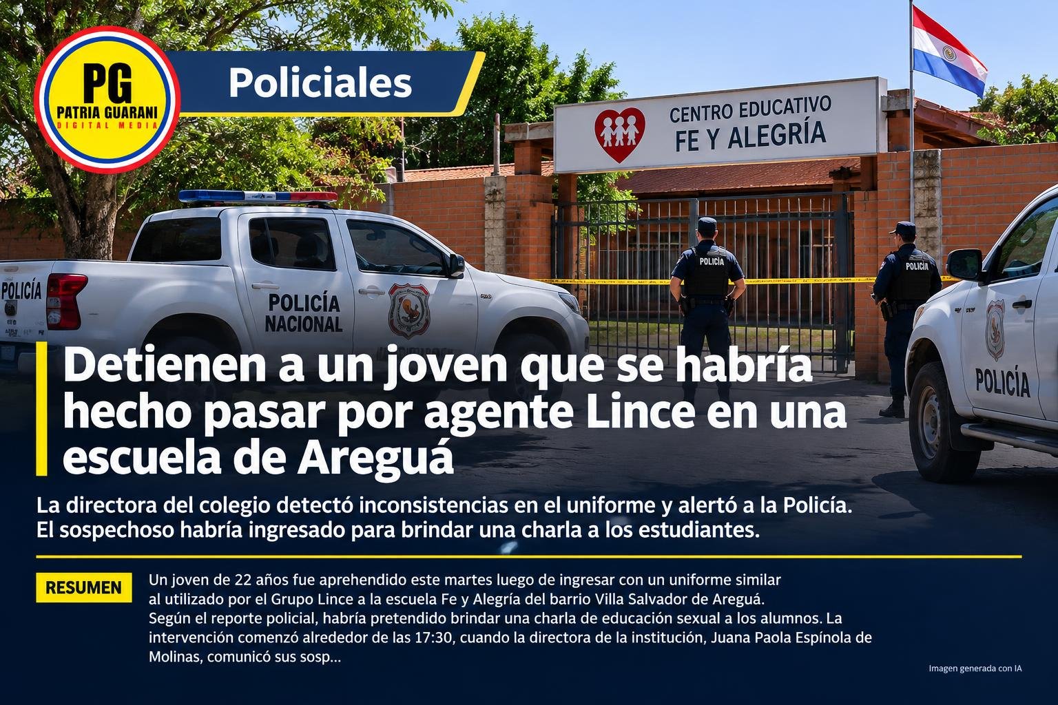 Detienen a un joven que se habría hecho pasar por agente Lince en una escuela de Areguá