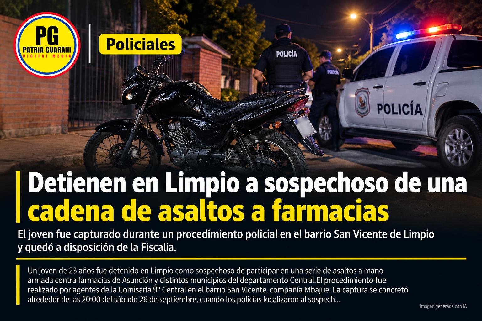 Detienen en Limpio a sospechoso de una cadena de asaltos a farmacias