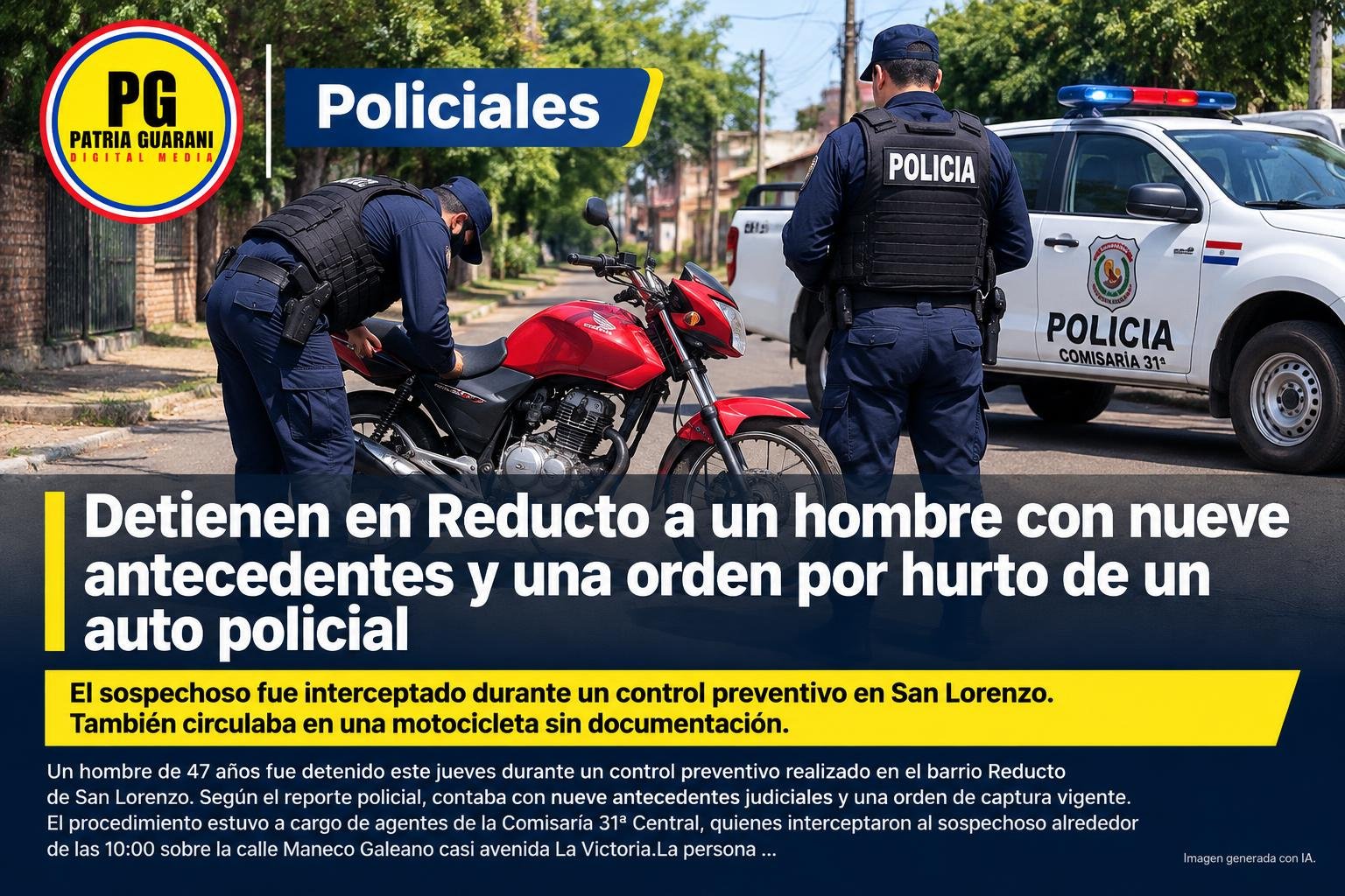 Detienen en Reducto a un hombre con nueve antecedentes y una orden por hurto de un auto policial