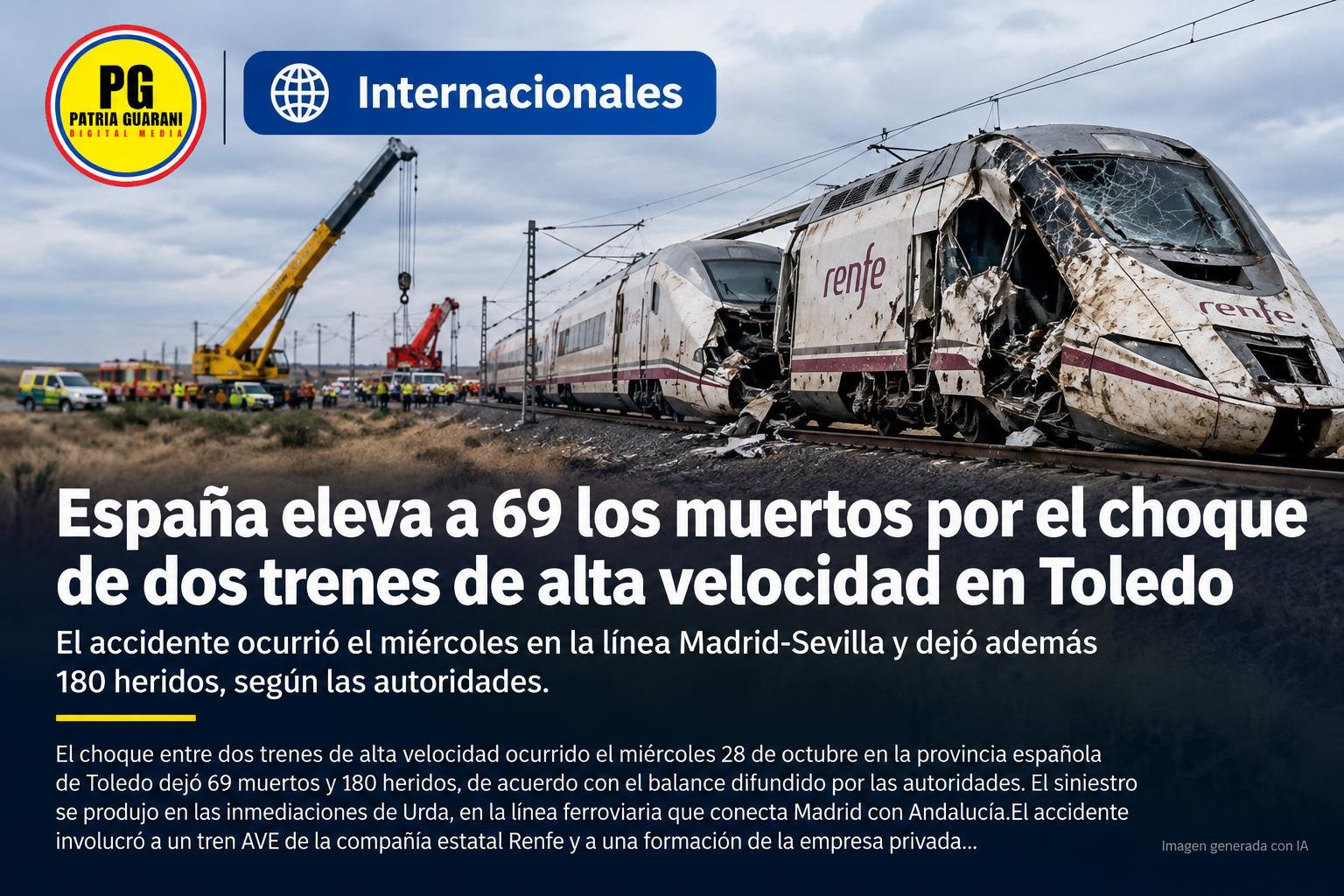 España eleva a 69 los muertos por el choque de dos trenes de alta velocidad en Toledo