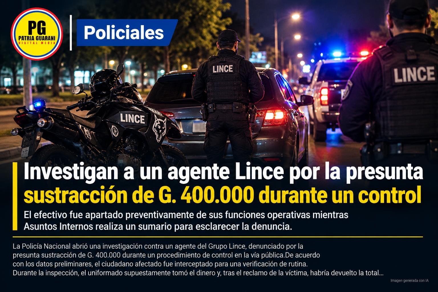 Investigan a un agente Lince por la presunta sustracción de G. 400.000 durante un control