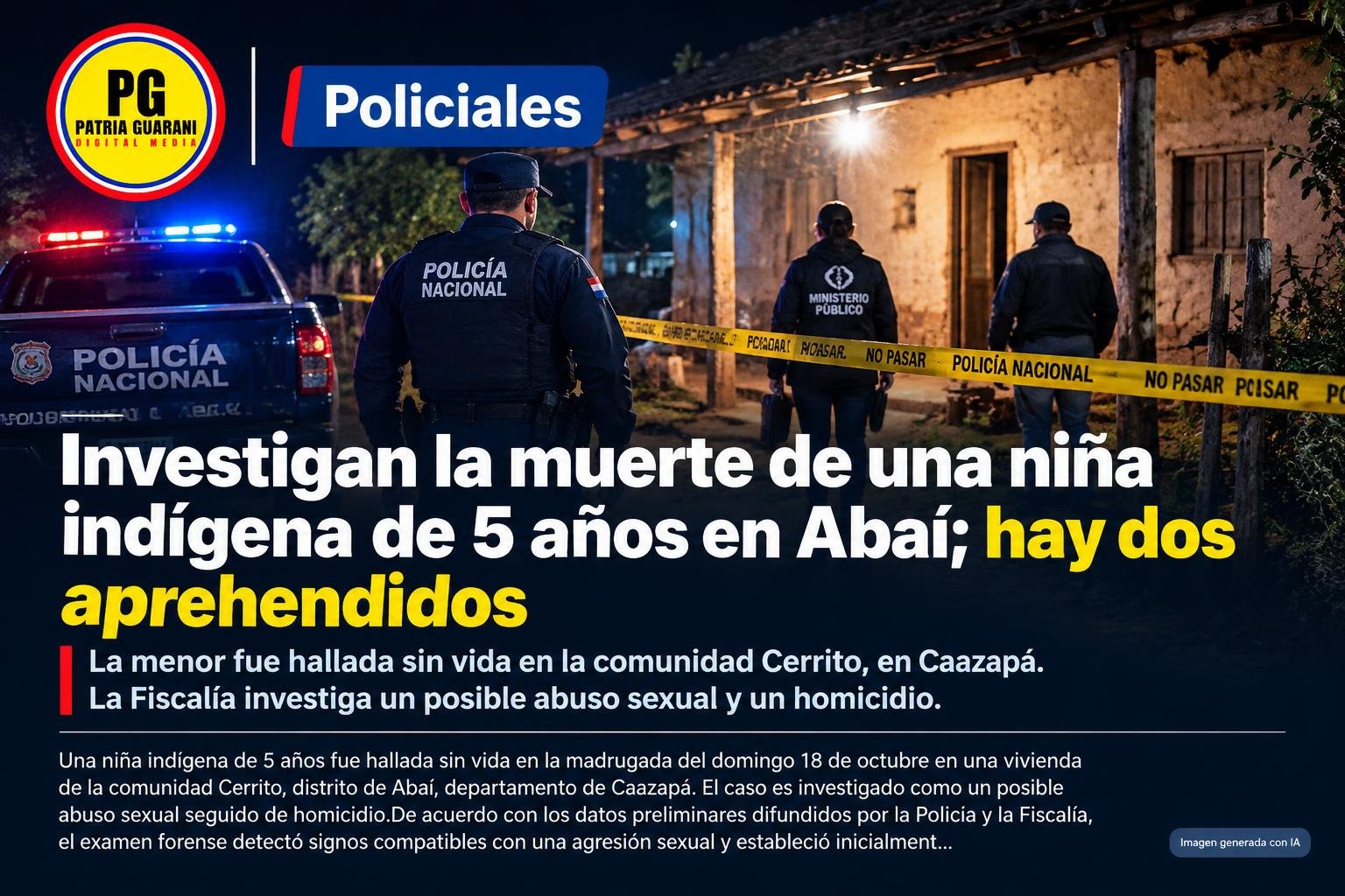 Investigan la muerte de una niña indígena de 5 años en Abaí; hay dos aprehendidos