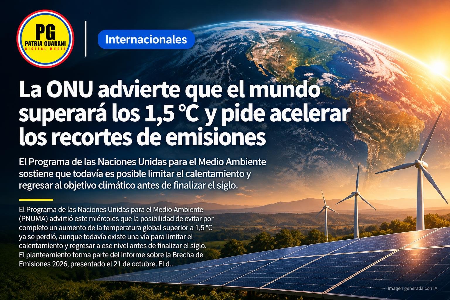 La ONU advierte que el mundo superará los 1,5 °C y pide acelerar los recortes de emisiones