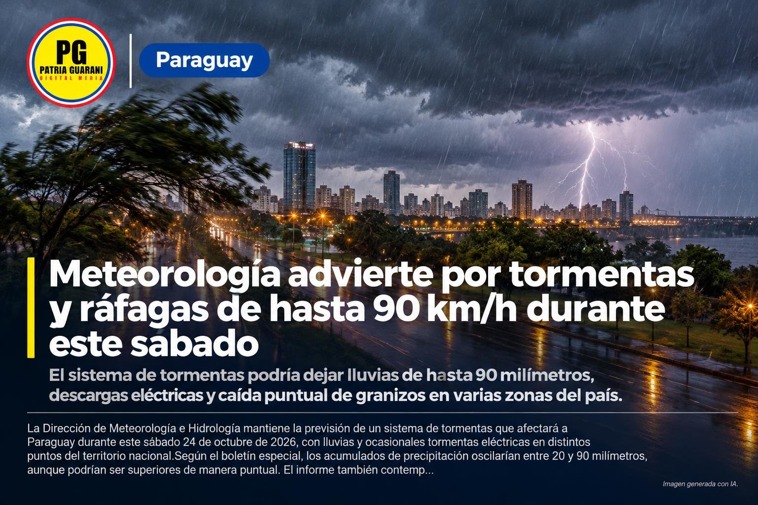 Meteorología advierte por tormentas y ráfagas de hasta 90 km/h durante este sábado