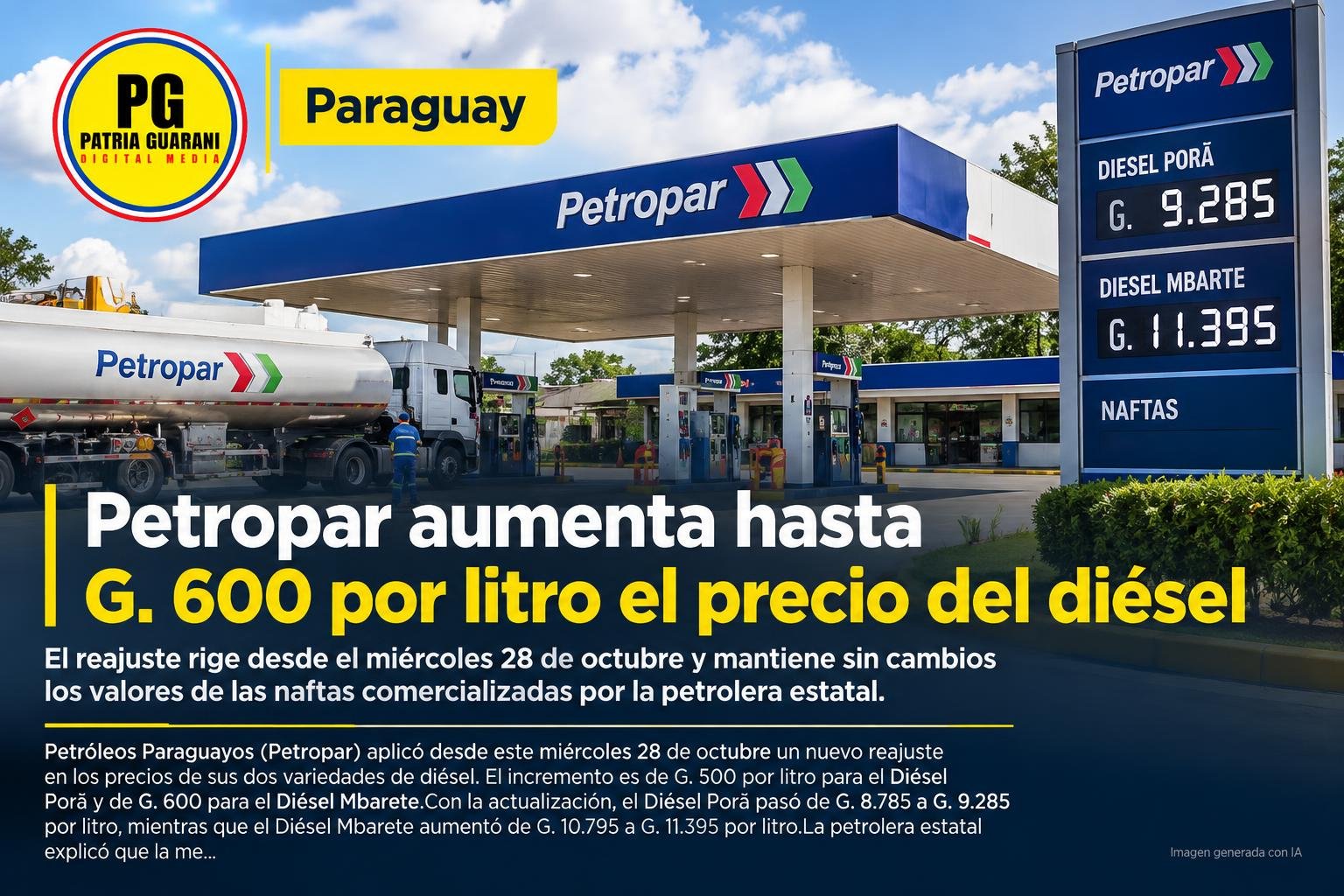 Petropar aumenta hasta G. 600 por litro el precio del diésel
