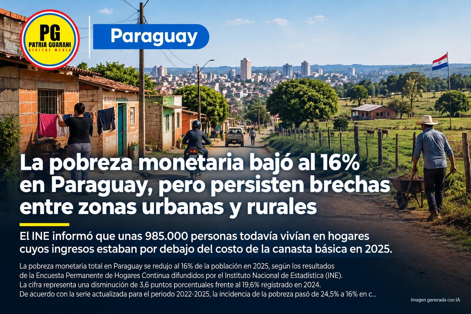 La pobreza monetaria bajó al 16% en Paraguay, pero persisten brechas entre zonas urbanas y rurales
