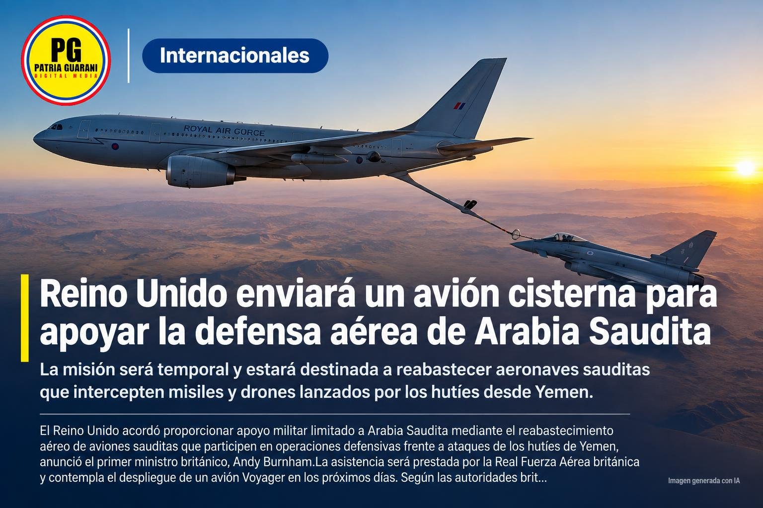 Reino Unido enviará un avión cisterna para apoyar la defensa aérea de Arabia Saudita