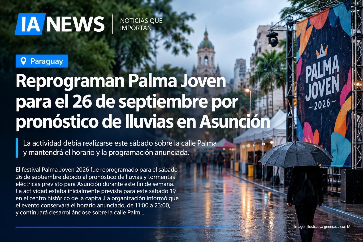 Reprograman Palma Joven para el 26 de septiembre por pronóstico de lluvias en Asunción