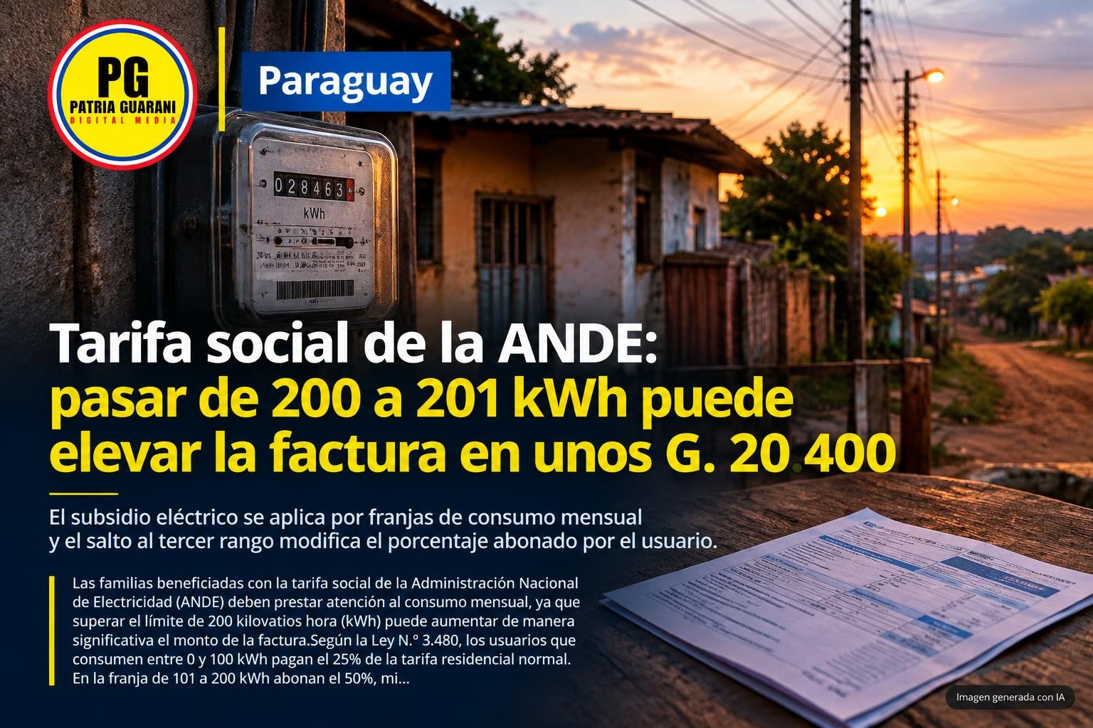 Tarifa social de la ANDE: pasar de 200 a 201 kWh puede elevar la factura en unos G. 20.400