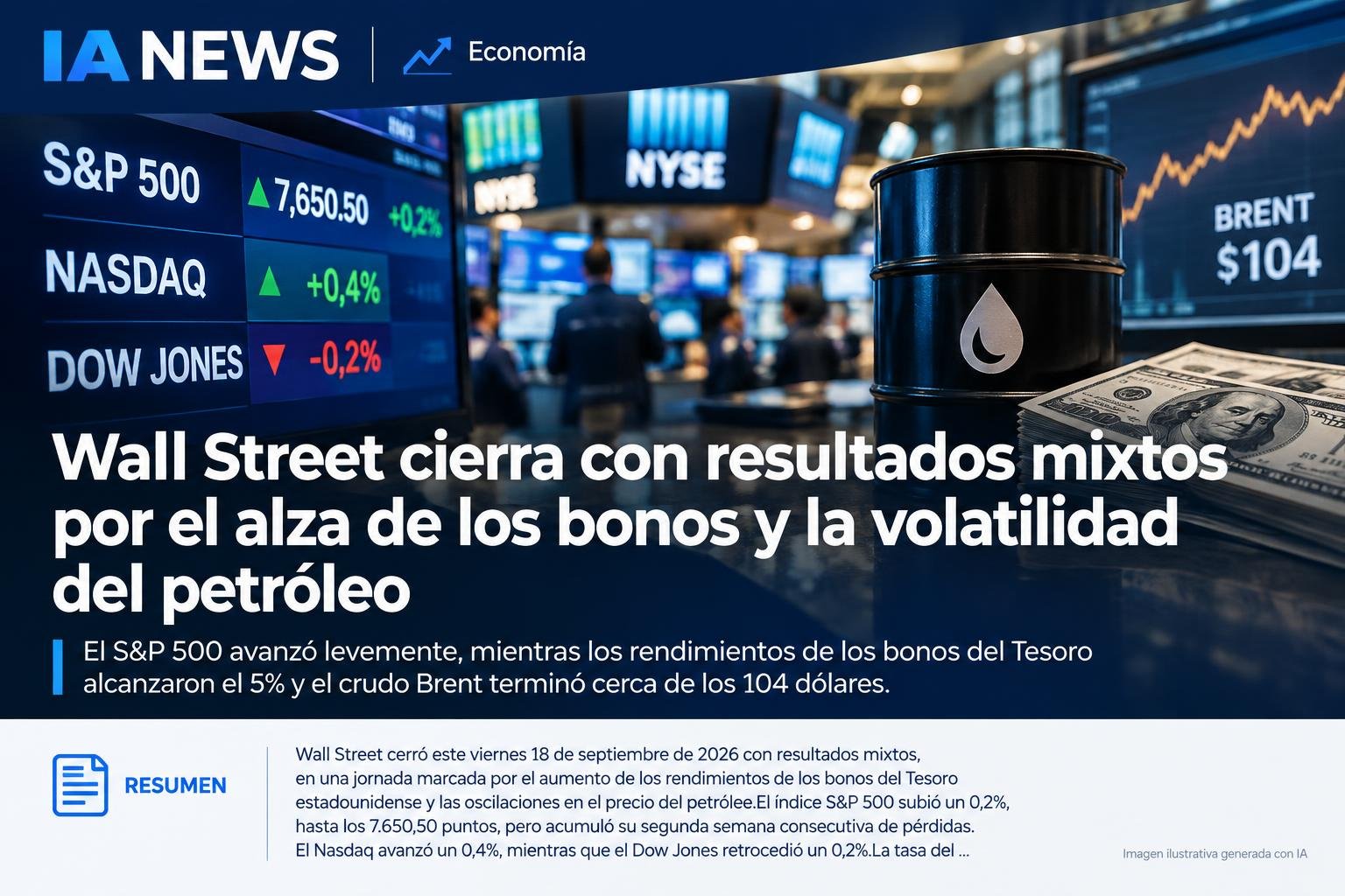 Wall Street cierra con resultados mixtos por el alza de los bonos y la volatilidad del petróleo